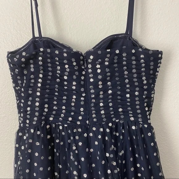 Navy Silver Glitter Polka Dot Tulle Cocktail Midi Dress - Picture 2 of 4